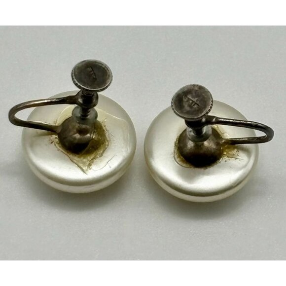 Vintage Cream Faux Button Pearl Adjustable Screw-Back Earrings w/Sterling Silver - Picture 5 of 6